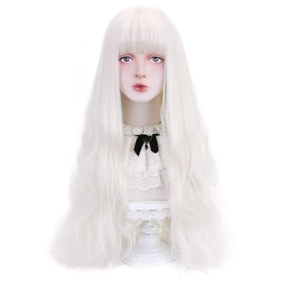 Women's White 30 Inches Synthetic Bangs Natural Long Modern Wavy Cosplay Wigs - Picture 2 of 7